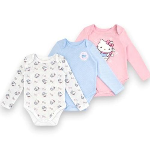 Hello Kitty Baby Girls' 3-Pack Long Sleeve Bodysuit Set, Pink/Blue/White, 12 Months