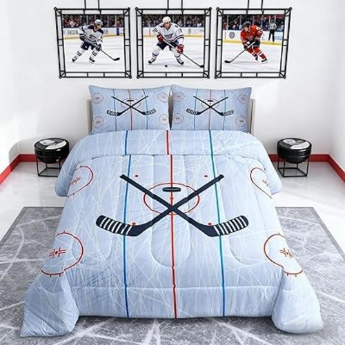 Ice Hockey Kids Comforter Set Twin Size,Hockey Stadium Rink Bedding Set,Boys Girls Adults Bedroom Decor,Winter Event Ball Games Lovers Down Comforter,Modern Stylish Duvet Insert,2pcs,1 Pillowcase