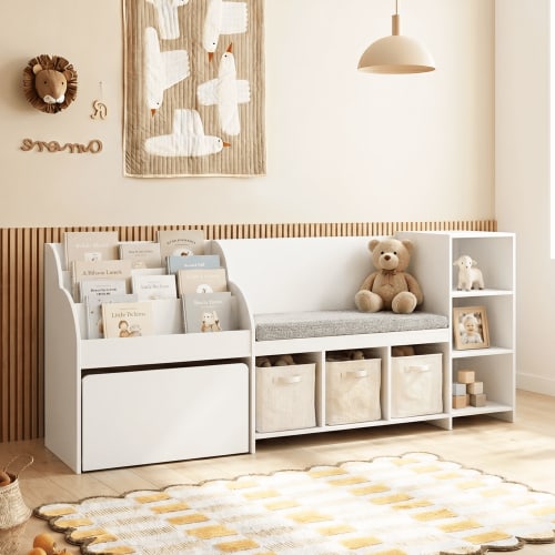 INFANS Kids Bookshelf Toy Storage Organizer with Reading Nook Seat Cushion, Drawer on Wheels and 6 Storage Cubbies, 3-Tier Bookcase with Bench for Nursery, Bedroom, Playroom