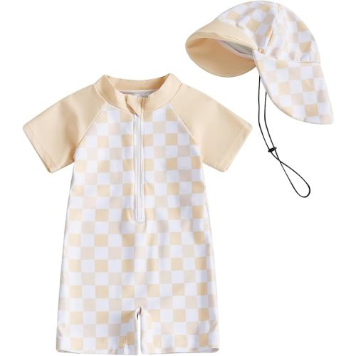 MAYUMMPY Baby Boy Girl Swimwear Casual Zipper One Pieces Rash Guard Swimsuit and Hat Beachwear Toddler Bathing Suit