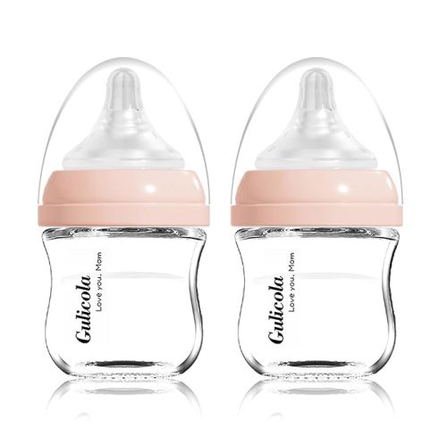 Gulicola Natural Glass Baby Bottle for Breastfeeding Babies, Newborn Anti-Colic Bottle Set with Slow Flow Nipple, 0-3 Months, 5 oz, 2 Pack - Pink
