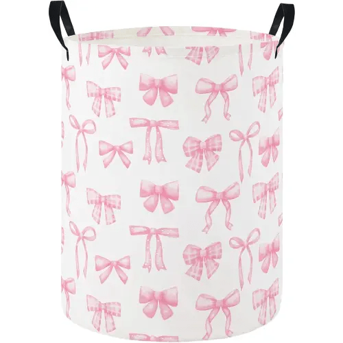 Girls Laundry Hamper Basket, Pink Bowknots