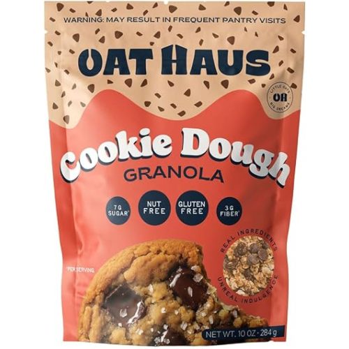 Oat Haus Cookie Dough Granola (10 oz Bag) – Low Sugar (7g), 3g Fiber, Gluten Free, Vegan, Nut-Free, Seed Oil Free – Chocolate Chip Vanilla Crunch, Resealable Pouch
