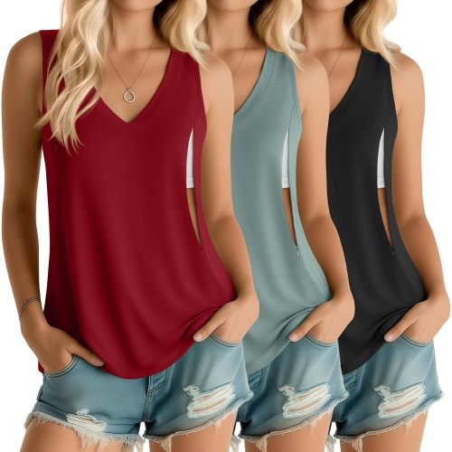 Ficerd 3 Pack Women's Nursing Tank Tops Breastfeeding Summer Hidden Zippers V Neck Sleeveless Shirts Loose Maternity Clothes