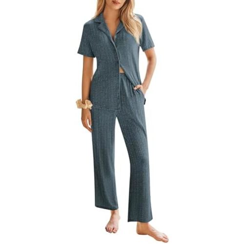 Ekouaer Womens Rib Knit Pajamas Button Up Lounge Sets Short Sleeve Top and Long Pants Matching Pjs Sleepwear Loungewear