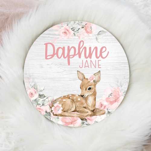 Pink Rose Girl Deer Name Sign, Woodland Nursery Sign, Round Wood Name Sign, Wood Baby Name Sign, Woodland Name Sign, Pink Fawn Name Sign W70