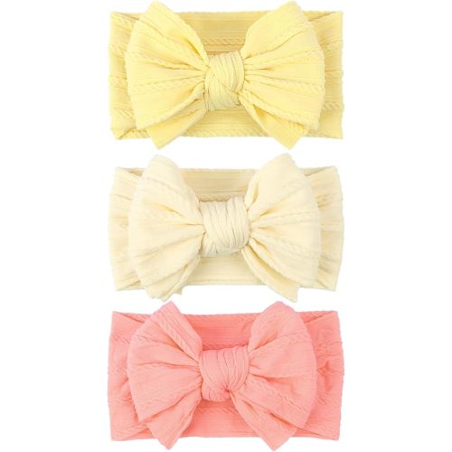 LemonSpce Handmade Baby Bows for baby girls Stretchy Nylon Hair Bands Hair Accessories with Headbands Bows for Newborn Baby Girls Infant Toddlers Kids Bow(Light Yellow)