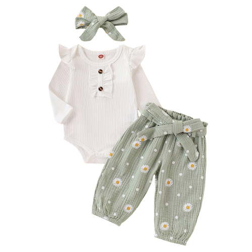 Karoyedx Infant Girl Pant Sets Newborn Baby Girls Clothes Ribbed Ruffled Romper+Floral Pants+Headband Infant Outfit Set Light Green Size,3-6 Months