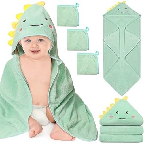 4 PCS Hooded Baby Towels, Soft Baby Towel, Absorbent Baby Bath Towel, Baby Towels and 3 PCS Baby Washcloths for Newborns, Toddlers, and Kids, 32x32 in Baby Towel with Hood for Boy and Girl (Dinosaur)