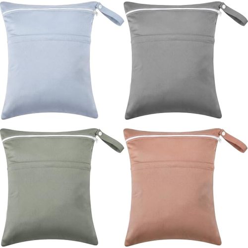 Shappy 4 Pcs Wet Dry Bag for Baby Cloth Diapers Waterproof Wet Bag Washable Travel Reusable with 2 Pocket for Swimsuits for Yoga Gym Travel Beach Pool(Brown, Dark Green, Light Purple, Grey)