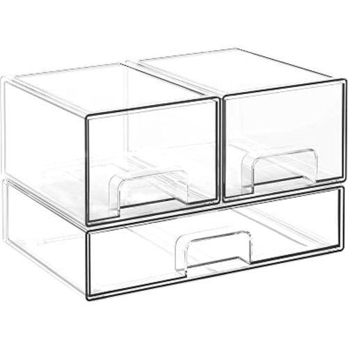 Stackable Storage Drawers, 3 Pack Clear Acrylic Makeup & Baby Bottle Storage Organizer, Versatile Storage Bins for Vanity, Under Sink, Kitchen Cabinets & Pantry (3 Pack)