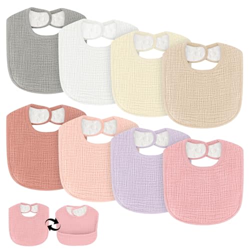 Drool Bibs for Baby Girls & Boys, 8 Pack Baby Muslin Bibs for Drooling and Teething with Hidden Pocket, Soft Cotton, Extra Absorbent, Mess-proof, for Toddler, Newborn, Infant