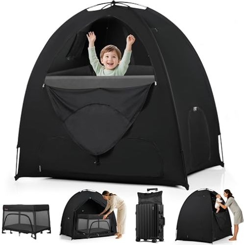 WANRU Blackout Tent for Pack and Play, 95% Light Blocking Portable Sleep Pod, Easy Setup No Tools, Pack n Play Cover Fits Standard Playards, Travel Canopy with Monitor Pouch, Black 53"x37"x55"