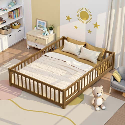 Full Floor Bed Frame with Wood Slats, Fence & Small Door, Pinewood Montessori Floor Bed for Girls and Boys,Light Espresso