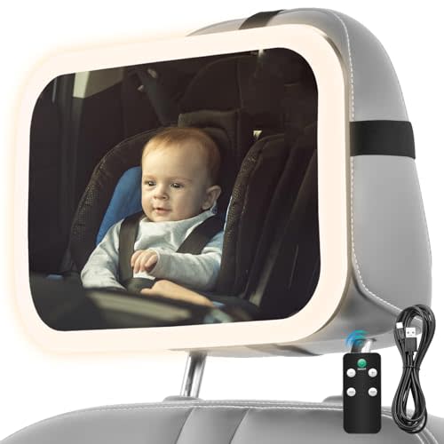 Baby Car Mirror with Light, 3000mAh Rechargeable, Shatterproof, Adjustable Rear-Facing Infant Mirror for Car Seats, Wide View, 360° Rotation, with Remote Control, Safe Travel for Newborns, Toddlers