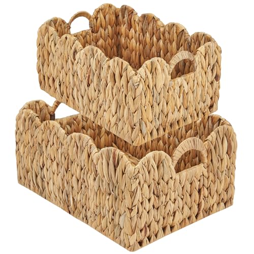 FairyHaus Wicker Basket 2Pack, Handwoven Scalloped Wicker Storage Basket with Handles, Natural Water Hyacinth Woven Bakests for Storage, Large and Small Rectangle Basket, 15 x 11 x 7" & 13 x 9 x 6.5"