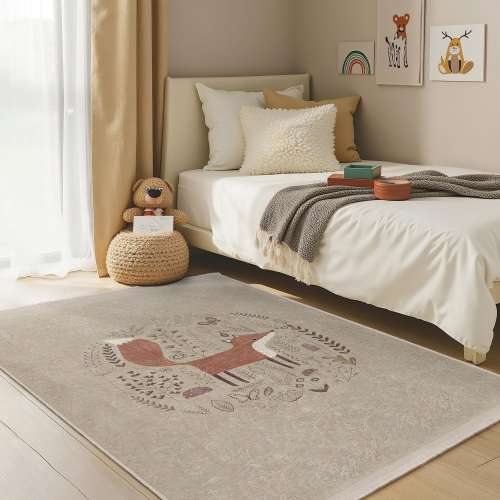 Fox Woodland Nursery Carpet-Leaves Animal Pattern Rug-Beige Child Room Rug-Washable Kids Room Rug-AntiSlip Nursery Rug-Playmat for Baby Room