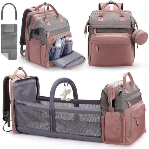 DERJUNSTAR Diaper Bag Backpack – Large Capacity Baby Diaper Bag with Changing Pad, Waterproof Travel Backpack for Boys & Girls, Multi-Function Baby Bag with USB Charging Port, Rose Pink