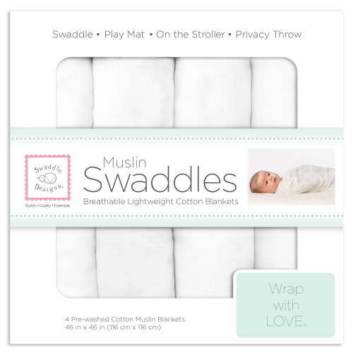 SwaddleDesigns Muslin Swaddle Blankets for Newborn - Pure White Muslin (Set of 4), White