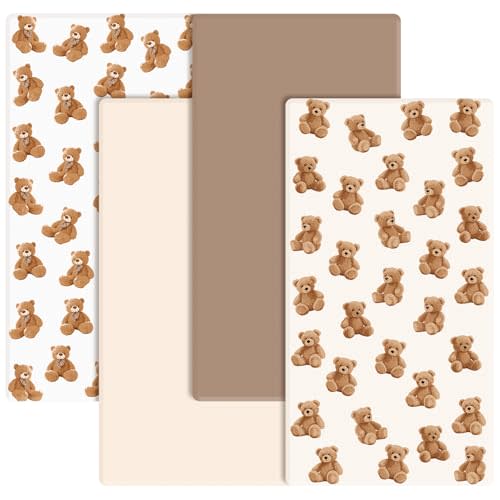 CroBlissful 4 Pack Bear Baby Crib Fitted Sheet 52'' x 28'' Bear Stretchy Neutral Fitted Crib Mattress Sheet Baby Bedding for Standard Mattress Gift Set