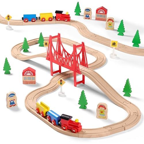 SainSmart Jr. Wooden Train Set for Toddler - Double-Side Wooden Tracks Fits Brio, Thomas, Melissa and Doug - Expandable, Changeable-Kids Wood Toy Train for 3,4,5 Year Old Boys and Girls