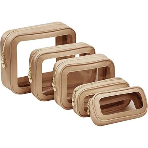 5PCS Diaper Bag Organizer Pouch Set，Clear Organizer Bags,TSA Approved Toiletry Bag,Clear Waterproof Cosmetic Bags with Zipper,Purse Organizer Pouches,Travel Organizer Bags for Woman and Kids Brown