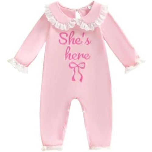 Newborn Baby Girl Clothes She's Here Romper Long Sleeve Bow Onesie Doll Callar Jumpsuit Overalls Coming Home Outfit