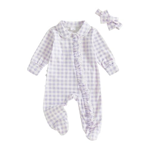 Seyurigaoka Newborn Baby Girl Ruffle Gingham Footless Romper | 0 3 6 Months Infant Long Sleeve Zipper Jumpsuit, Peter Pan Collar, Going Home Outfits, Fall Winter Clothes