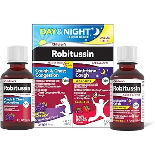 Children's Robitussin DM Day and Night Cough Relief Value Pack, Cough Medicine, Grape/Fruit Punch Flavor - 4 Fl Oz x 2