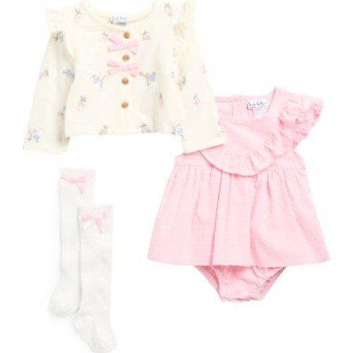 Nicole Miller Dress, Cardigan, Bloomers & Socks Set - Orchid Pink, 12 M