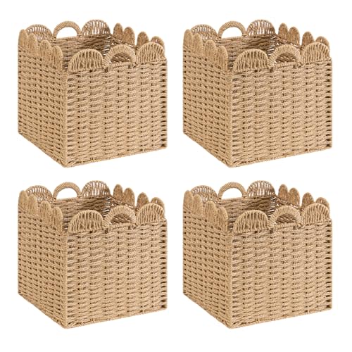 Set of 4 Scalloped Wicker Storage Cubes Basket,12"x12"x12" Heavy Duty Paper rope Baskets for Shelves,Bathroom, Bedroom, Laundry, Pantry (4-Pack)