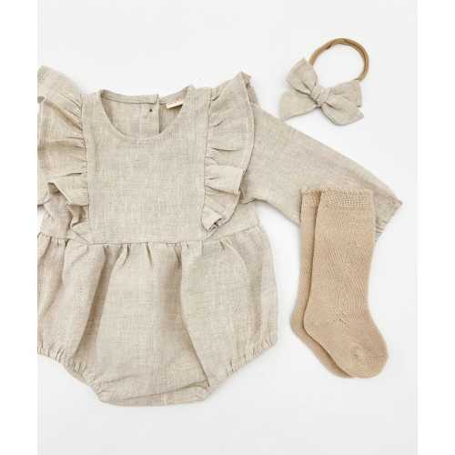 Baby Girl Linen OAT Ruffle Bubble Romper | OPTION SETS  socks + Bow + Cardigan | Gabriella