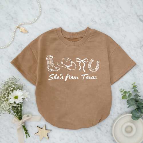 She's From Texas Baby Romper, Western Coquette Bow Baby Bodysuit, Coastal Cowgirl Baby Clothes, Cowboy Boot Hat Bow Horseshoe