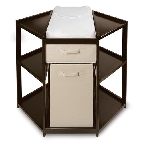 Badger Basket Corner Baby Changing Table - Space-Saving Diaper Changing Station for Nursery with Storage Bin, Changing Pad and Safety Belt - Organizer for Newborn and Infant Essentials - Espresso