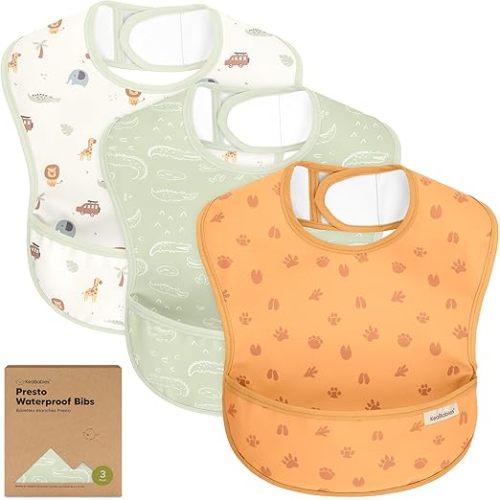 KeaBabies 3-Pack Waterproof Baby Bibs for Eating - Lightweight Toddler Feeding Bibs with Large Food Catcher, Mess Proof, Food-Grade Baby Eating Essentials, Easy to Put On & Clean (Wilderness)