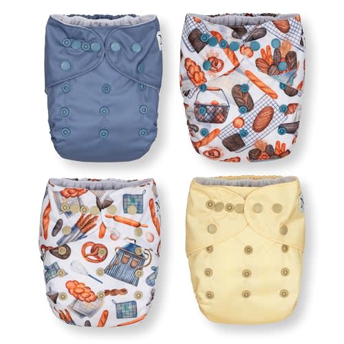 Nora's Nursery Cloth Pocket Diapers 4 Pack with 4 Inserts - Waterproof Cover, Washable, Reusable & One Size Adjustable Pocket Diapers for Newborns and Toddlers - Knead It