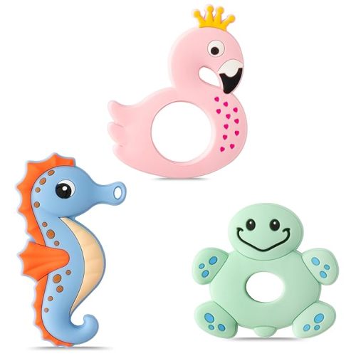 Silicone Teething Toy for Babies - 2ooya 3Pcs Summer Ocean Animal Themed Soft Teether, Infant BPA Free Sore Gums Pain Teething Relief Chew Toy Gift for Toddler Newborn 6-12 Months Baby Shower Birthday