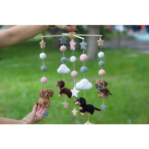 Customized felted baby mobile. Nursery felted mobile with dachshund . Baby Shower Gift.