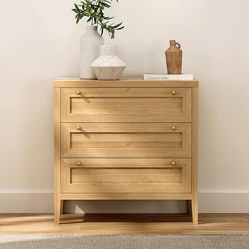 Modern 3 Drawer Dresser for Bedroom, Chest of Drawers with Golden Handles, Wood Tall Nightstand, Storage Dresser Cabinet Side Table for Living Room, Hallway, Natural Oak