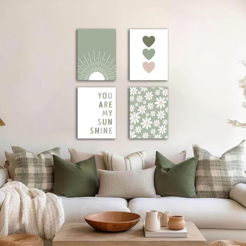 Winston Porter Boho Wall Art Set Of 4 Sage Green Nursery Wall Decor You Are My Sunshine Canvas Painting Prints Daisy Flower Cute Heart Pattern Posters Baby Room Pictures For Bedroom Kid Room 12X16 In Framed | Wayfair
