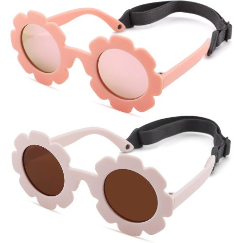 Polarized Baby Sunglasses with Strap – Flexible Flower Shaped Sunglasses for Toddler & Infant Age 0-24 Months (Pink/Pink Mirrored + Beige/Brown) - 2 Pack