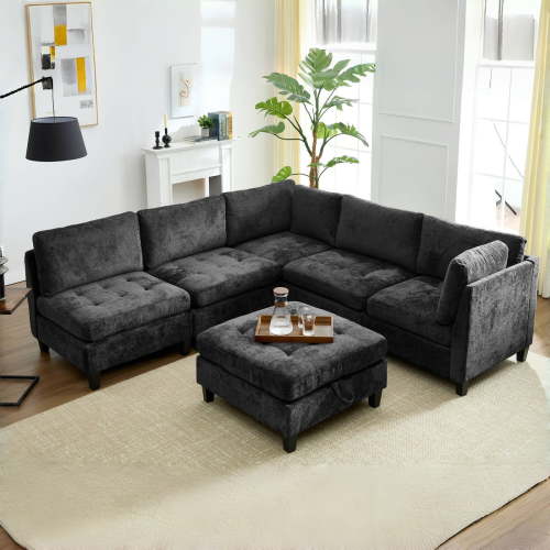 Advwin Oversized Modular Sectional Sofa, Convertible 6 Seat Plush Chenille Couch with Storage Ottoman, Modern Comfy L-Shaped Sofa Sleeper for Living Room, Dark Gray