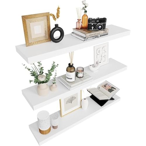 Colima Floating Shelves for Wall White Wood Shelf for Bedroom, 36 Inch Wall Mounted Floating Shelves for Bathroom Living Room Kitchen Office, 1.3" Thick Floating Book Shelves for Wall, Set of 3