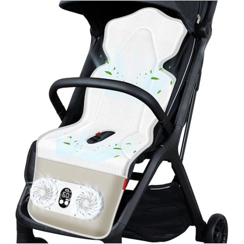 TRELC Baby Stroller Cooling Pad with 2 Fans, 3 Speeds Cooling Cushion, 10000mA Rechargeable Battery, Timer Setting, Breathable & Washable Cooling Pad Liners for Stroller Crib Summer Baby Essentials