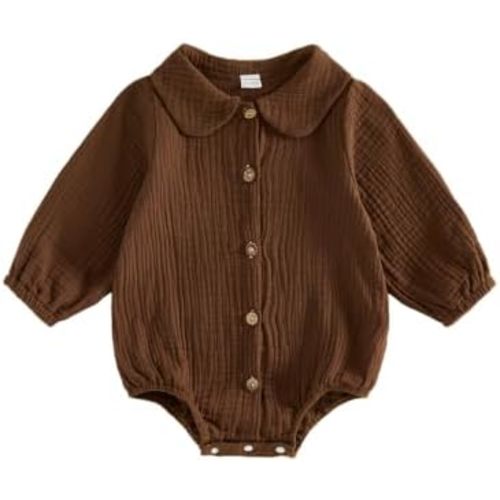 Newborn Boy Outfits Button Long Sleeve Collared Romper Muslin Baby Clothes