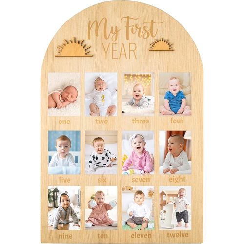 R HORSE My First Year Photo Display Wood Board - Fits 2 x 3 Inch Photo, 3D Boho Sun Baby's First Year Picture Frame 12 Months Milestone Board Baby Keepsake Birthday Nursery Decor Gift for Boy Girl