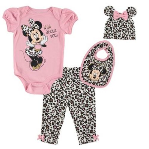 Disney Minnie Mouse Newborn Baby Girls 4 Piece Outfit Set: Bodysuit Pants Bib Hat Pink Newborn