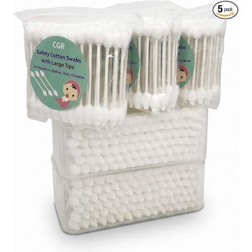 400pcs CGR Baby Safety Cotton Swabs with Large Tips for Newborn, Babies, Kids, Children, 100% Organic Cotton, White Paper Sticks, 5 Pack of 80 Swabs Total(2 Boxes and 3 Bags)