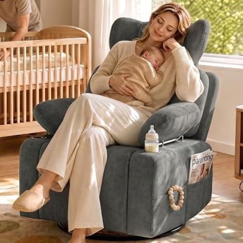 Nursery Rocking Glider Chair w/ Adjustable Armrest & Headrest, Grey