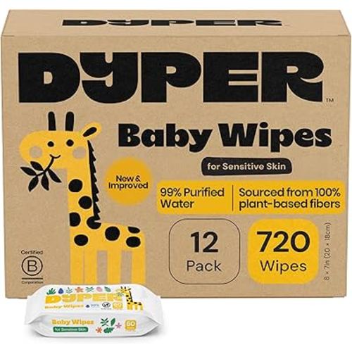 DYPER Baby Wipes Unscented (720 Count) - 99% Water-Based & Hypoallergenic Baby Wipes, Made with Plant-Based Materials, Gentle for Sensitive Skin, Fragrance & Plastic-Free Wet Wipes, 12 Pack